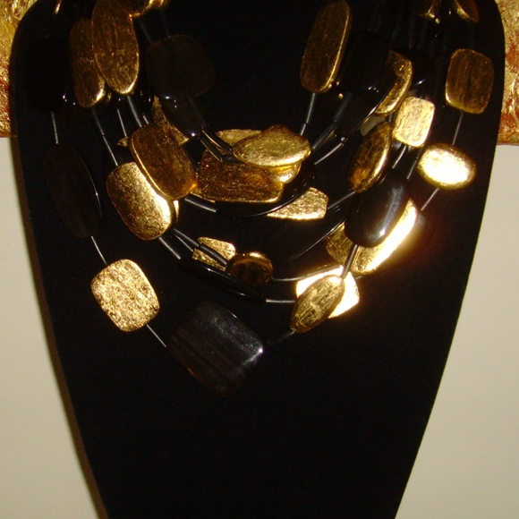 MONIES Gerda Lynggard Multi-Strand Black and Gold Leaf Statement Necklace - Picture 7 of 16